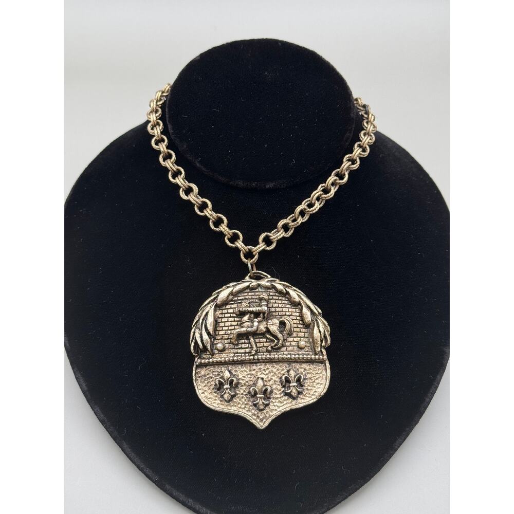 Vintage Knight Shield Fleur de Lis Pendant Necklace Brooch